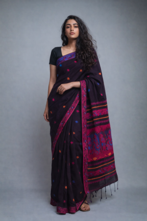 Dark Coffee Brown Cotton Krishna Baluchari Saree