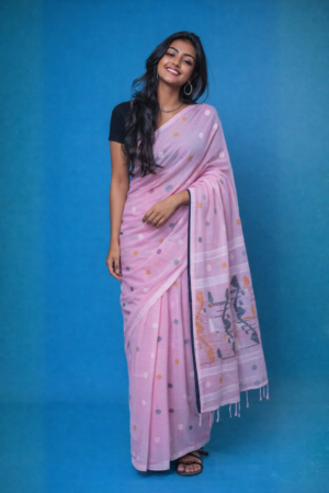 Nayantara' - Baby Pink Handwoven Needle Work Cotton Jamdani Saree