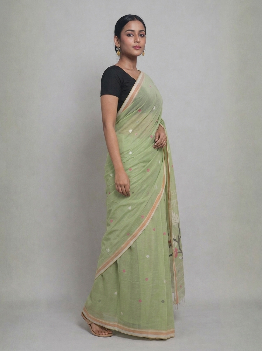 Chandramallika' - Green Handwoven Needle Work Cotton Jamdani Saree - Image 3