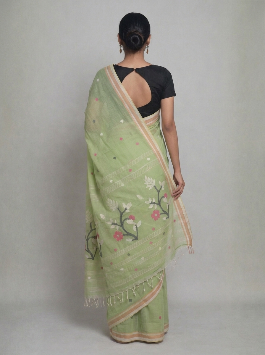 Chandramallika' - Green Handwoven Needle Work Cotton Jamdani Saree - Image 2