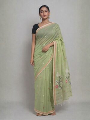 Chandramallika' - Green Handwoven Needle Work Cotton Jamdani Saree