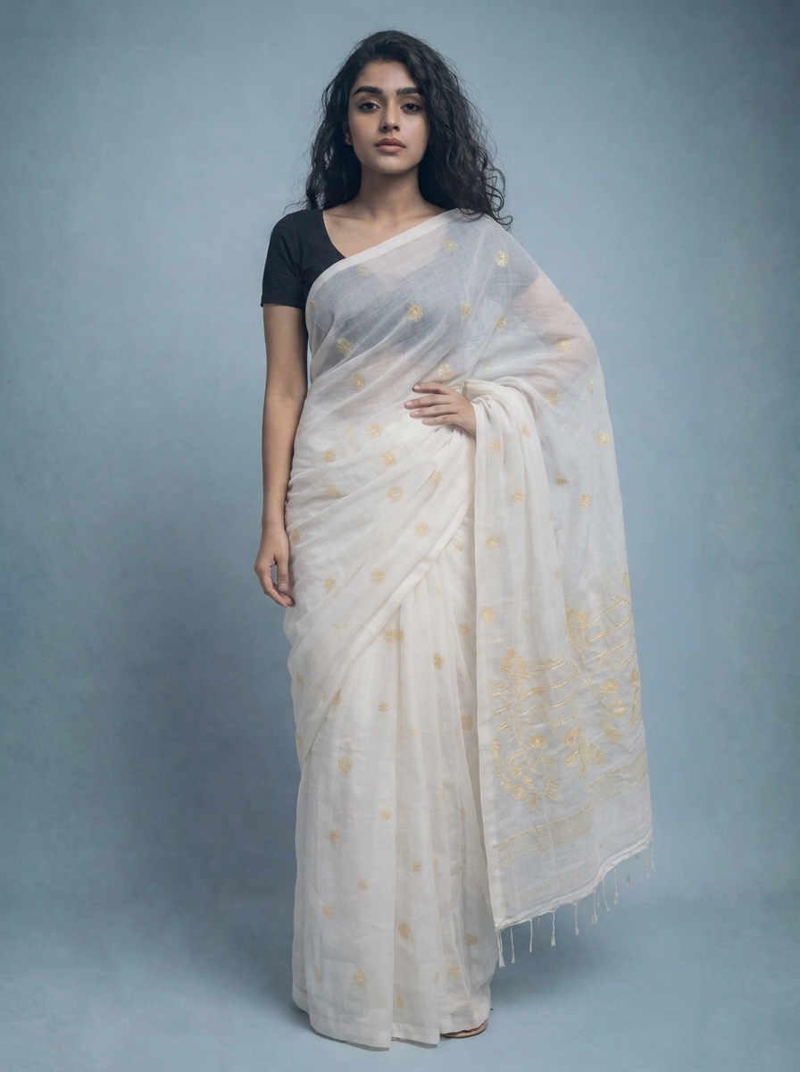 Amaltas' - White Zari Handwoven Needle Work Jamdani Saree