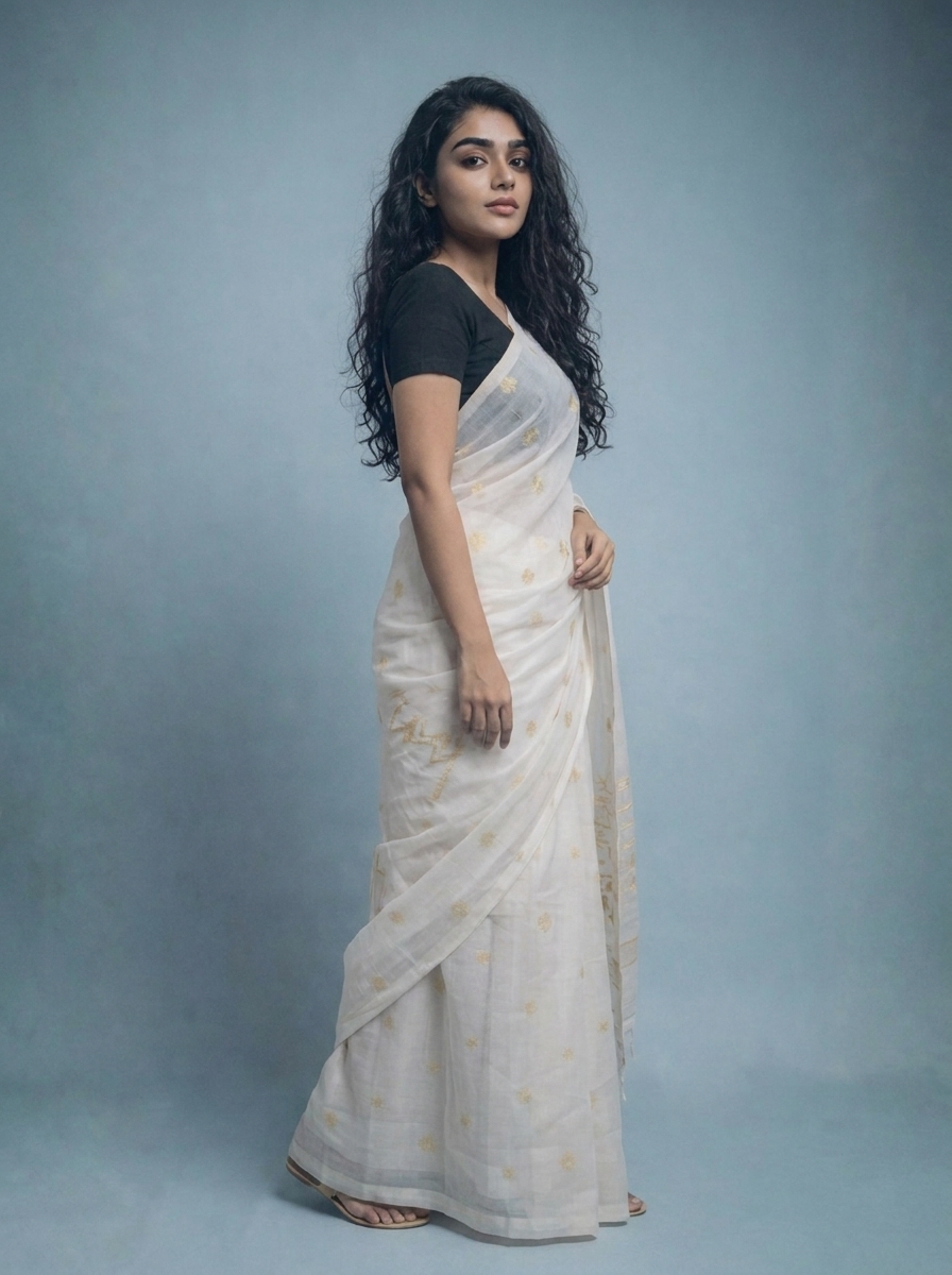 Amaltas' - White Zari Handwoven Needle Work Jamdani Saree - Image 2