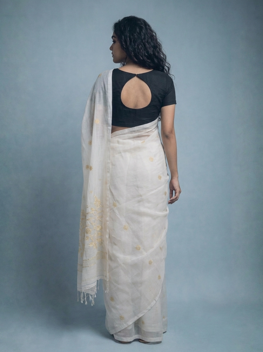 Amaltas' - White Zari Handwoven Needle Work Jamdani Saree - Image 3