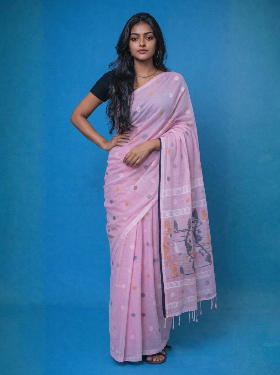 Nayantara' - Baby Pink Handwoven Needle Work Cotton Jamdani Saree