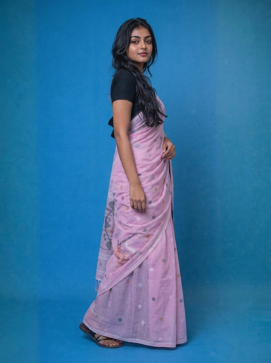 Nayantara' - Baby Pink Handwoven Needle Work Cotton Jamdani Saree - Image 2