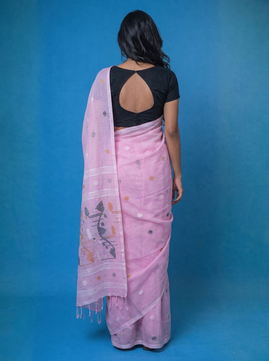 Nayantara' - Baby Pink Handwoven Needle Work Cotton Jamdani Saree - Image 3