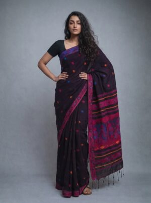 Dark Coffee Brown Cotton Krishna Baluchari Saree