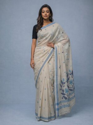 Off White Handwoven Needle Work Cotton Jamdani Saree