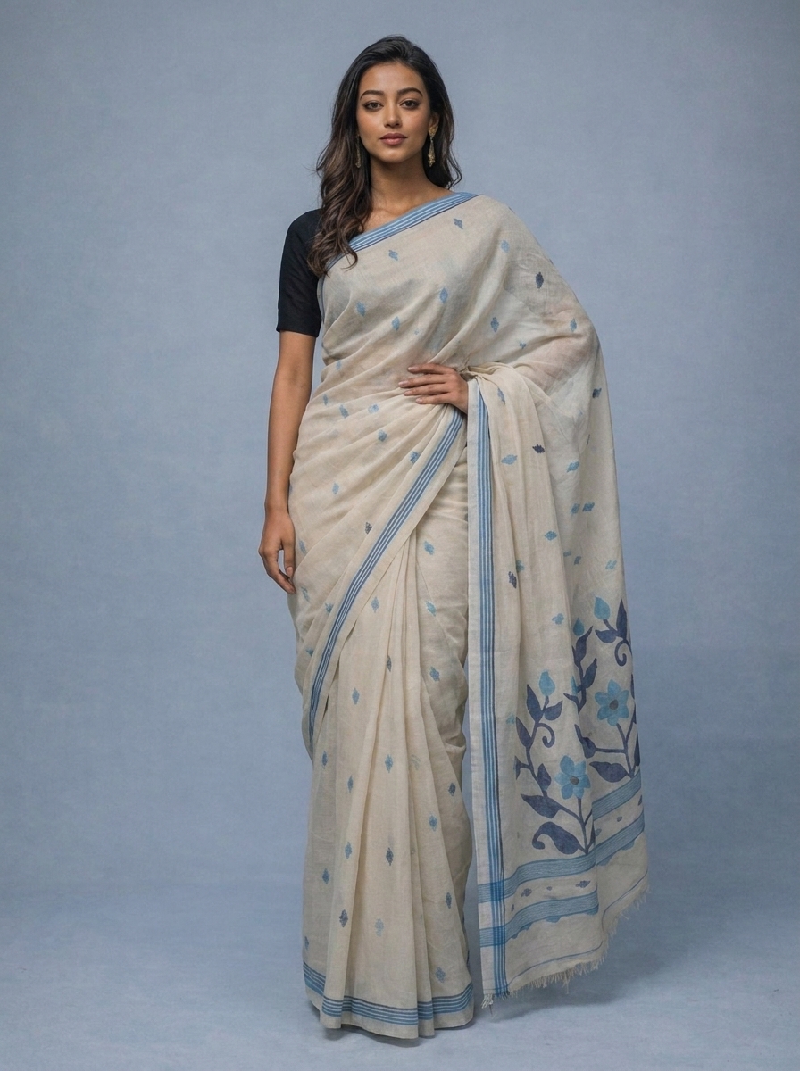 Off White Handwoven Needle Work Cotton Jamdani Saree