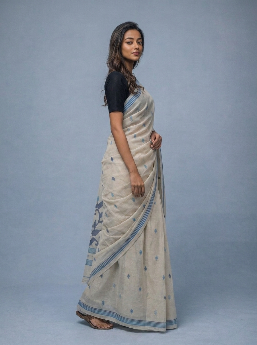 Off White Handwoven Needle Work Cotton Jamdani Saree - Image 2
