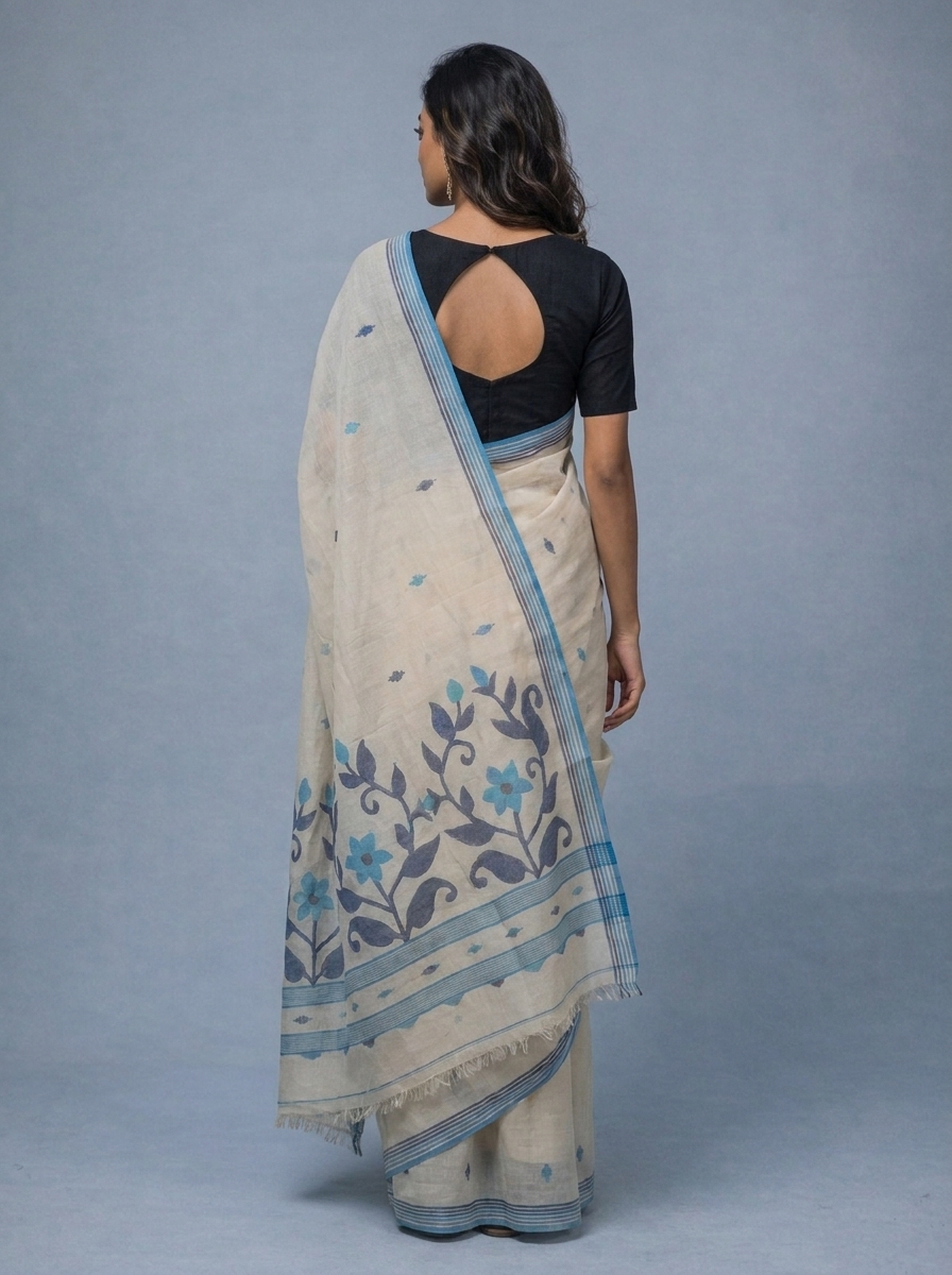 Off White Handwoven Needle Work Cotton Jamdani Saree - Image 3