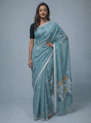 Teal Green Handwoven Needle Work Cotton Jamdani Saree