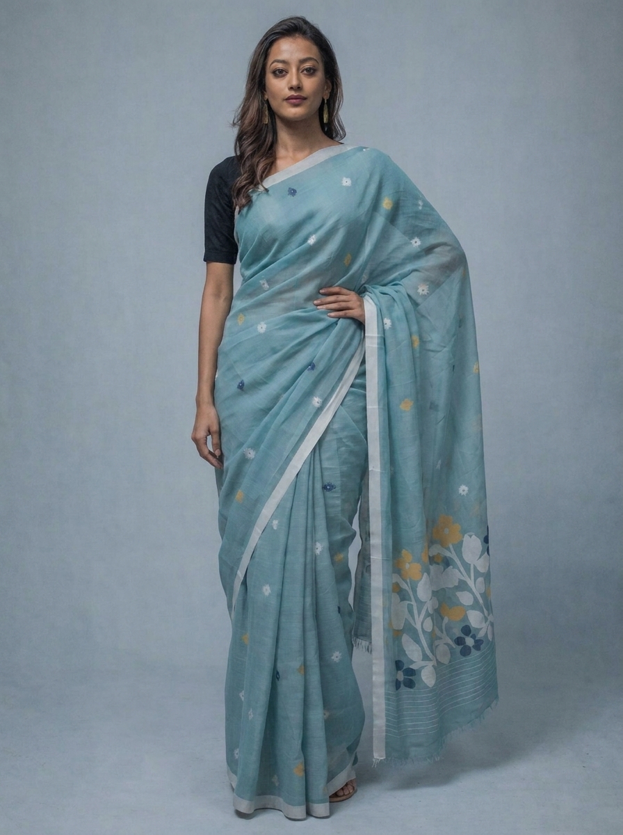 Teal Green Handwoven Needle Work Cotton Jamdani Saree