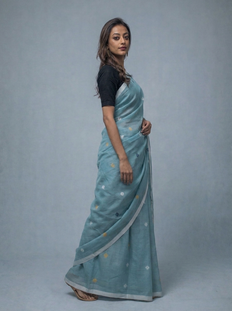 Teal Green Handwoven Needle Work Cotton Jamdani Saree - Image 2