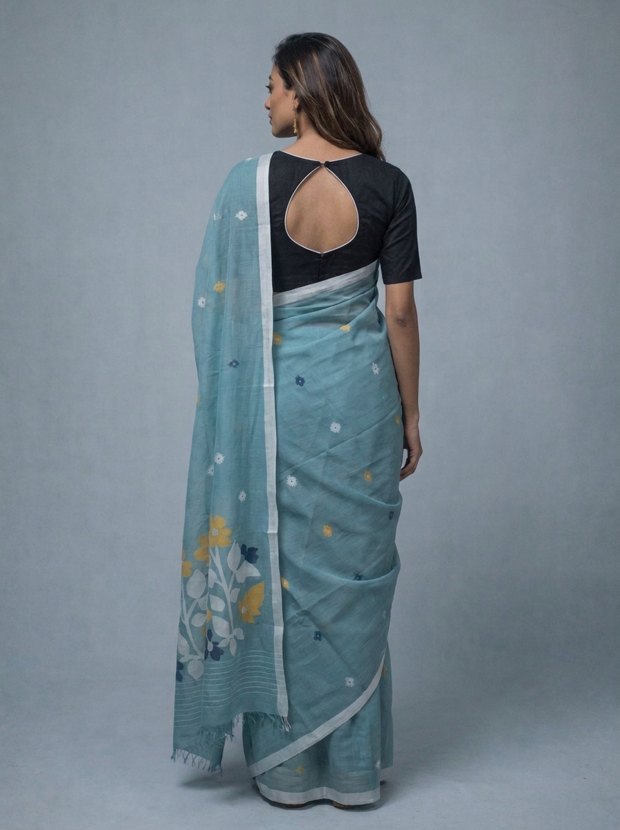 Teal Green Handwoven Needle Work Cotton Jamdani Saree - Image 3