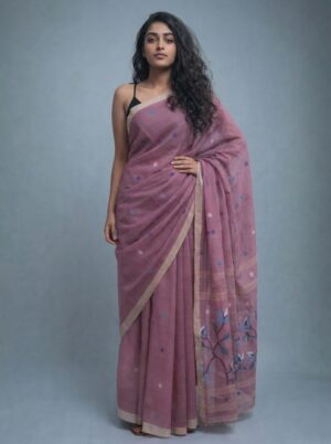 Onion Pink Handwoven Needle Work Cotton Jamdani Saree