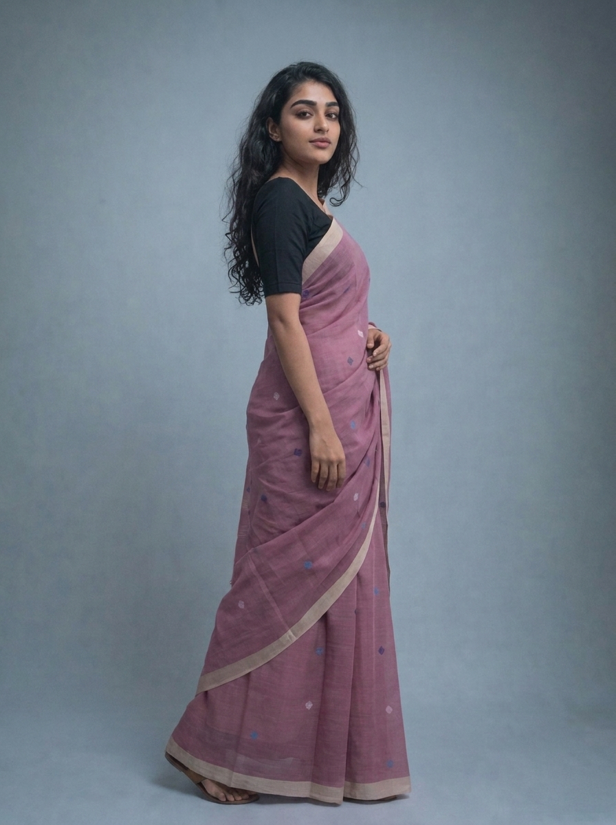 Onion Pink Handwoven Needle Work Cotton Jamdani Saree - Image 2