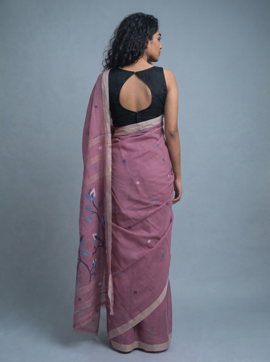 Onion Pink Handwoven Needle Work Cotton Jamdani Saree - Image 3