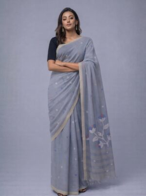 Grey Handwoven Needle Work Cotton Jamdani Saree