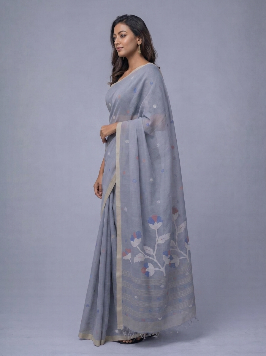 Grey Handwoven Needle Work Cotton Jamdani Saree - Image 2