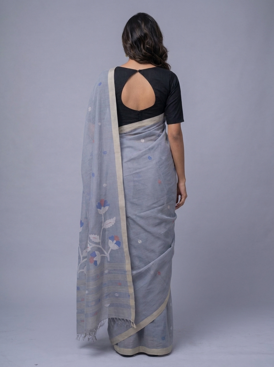 Grey Handwoven Needle Work Cotton Jamdani Saree - Image 3