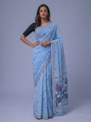 Sky Blue Handwoven Needle Work Cotton Jamdani Saree