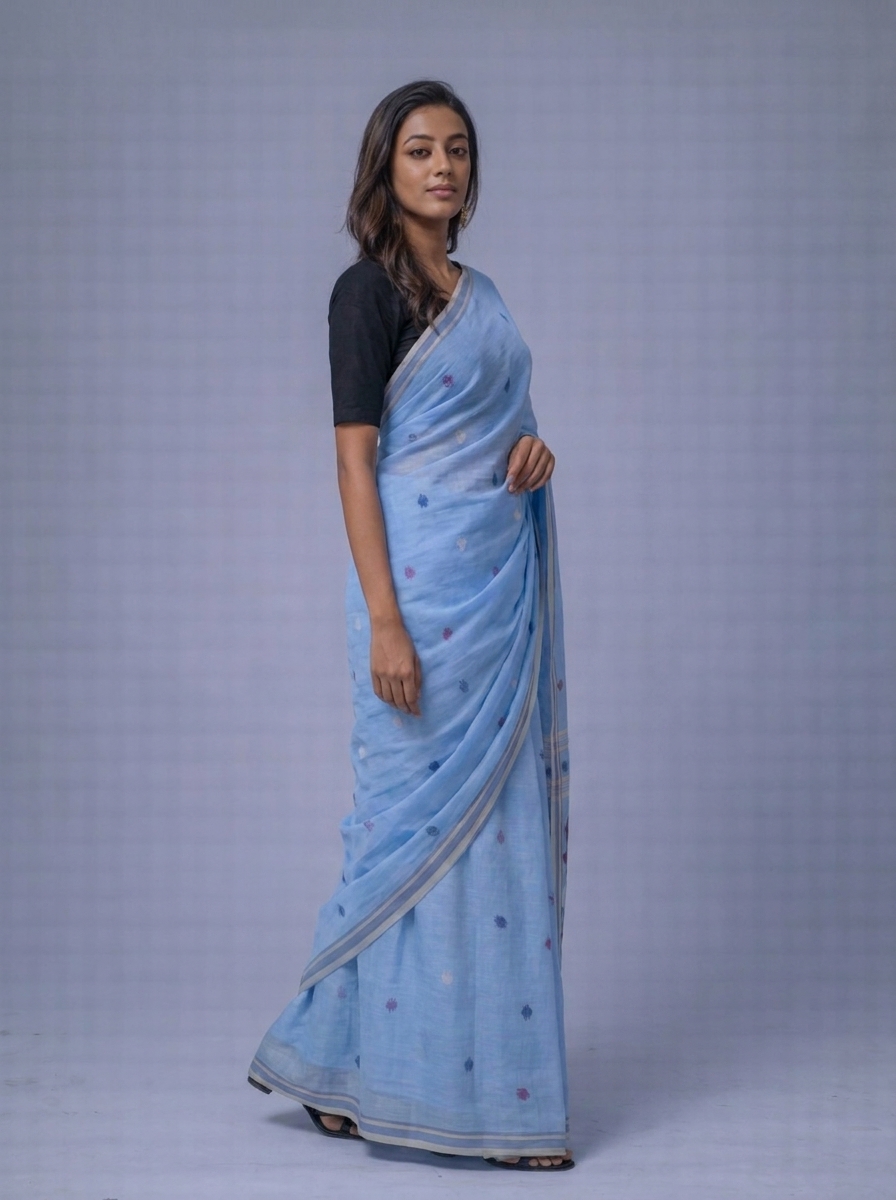 Sky Blue Handwoven Needle Work Cotton Jamdani Saree - Image 2