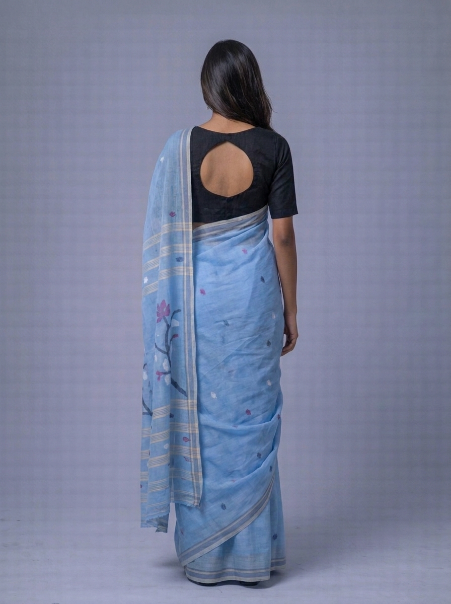 Sky Blue Handwoven Needle Work Cotton Jamdani Saree - Image 3