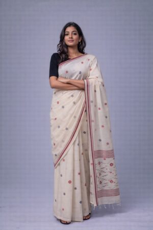 Off White Handwoven Needle Jaal Work Cotton Jamdani Saree with Red and Black Buta