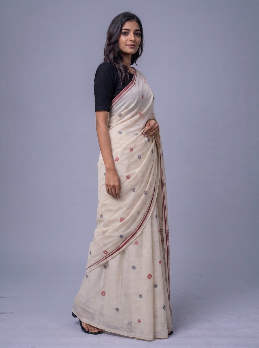 Off White Handwoven Needle Jaal Work Cotton Jamdani Saree with Red and Black Buta - Image 2