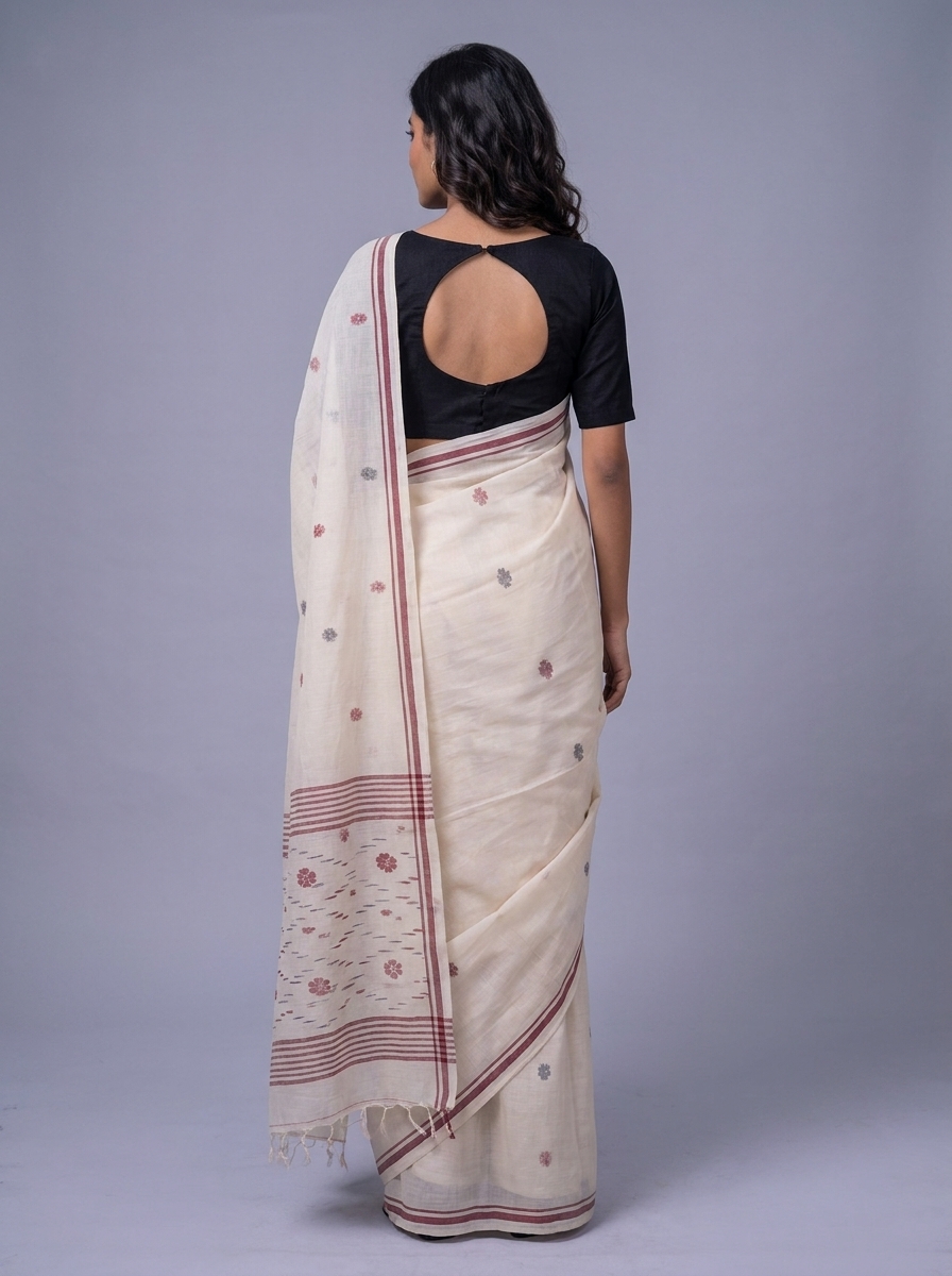 Off White Handwoven Needle Jaal Work Cotton Jamdani Saree with Red and Black Buta - Image 3