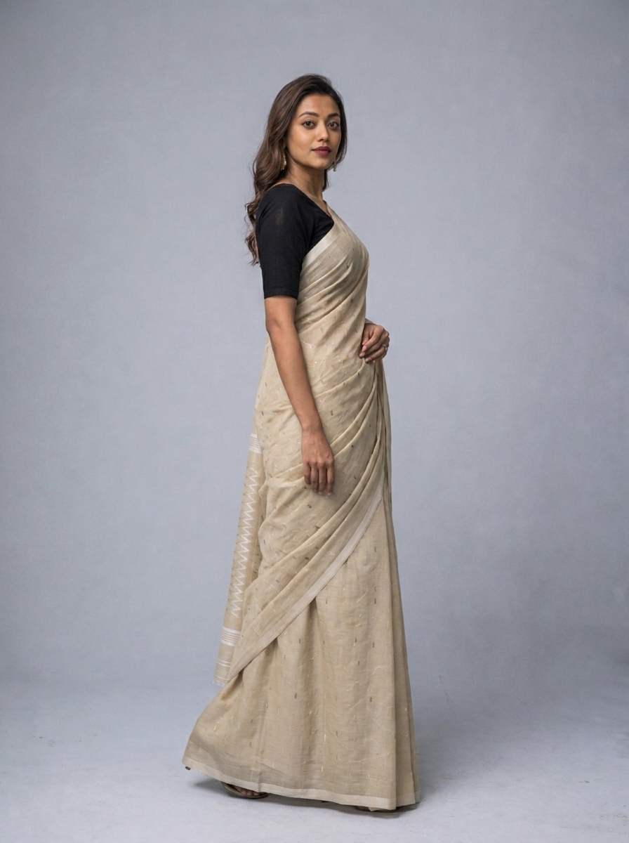 Olive Green Handwoven Needle Jaal Work (All Over) Cotton Jamdani Saree - Image 2