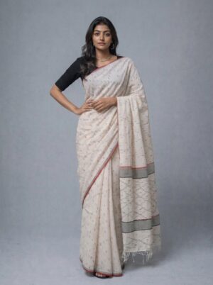White Handwoven Needle Jaal Work (All Over) Cotton Jamdani Saree