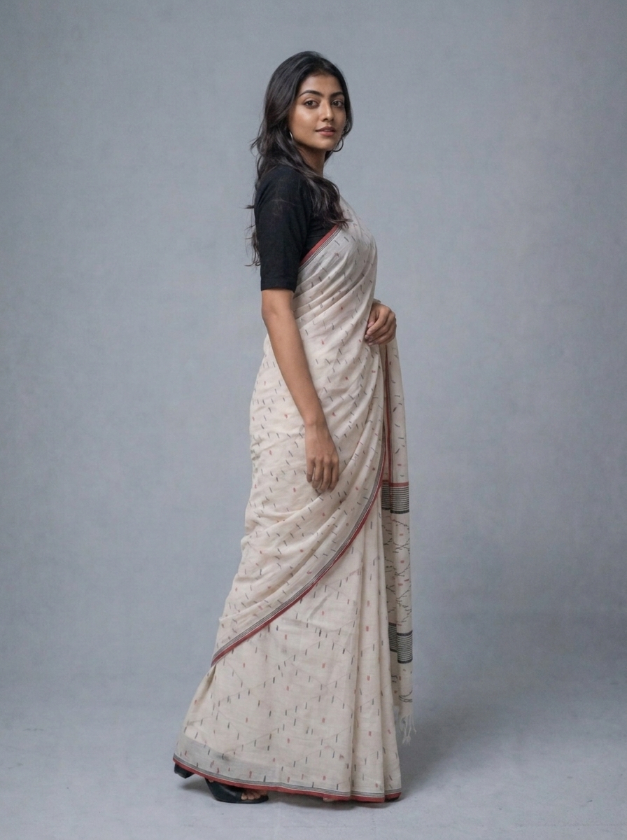White Handwoven Needle Jaal Work (All Over) Cotton Jamdani Saree - Image 2