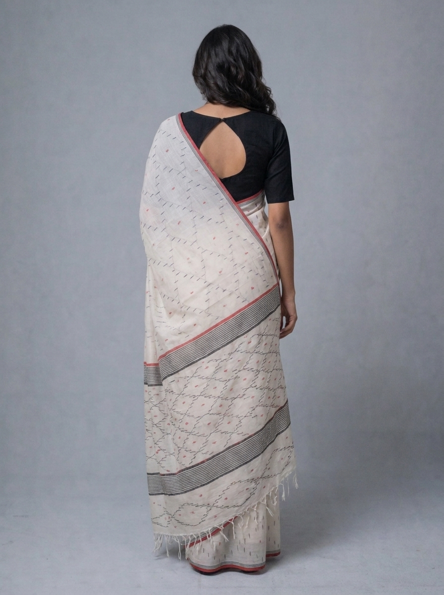 White Handwoven Needle Jaal Work (All Over) Cotton Jamdani Saree - Image 3