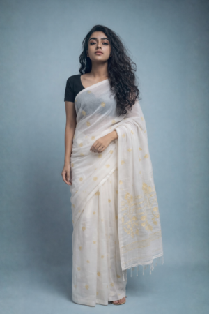 Amaltas' - White Zari Handwoven Needle Work Jamdani Saree