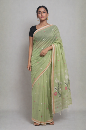Chandramallika' - Green Handwoven Needle Work Cotton Jamdani Saree